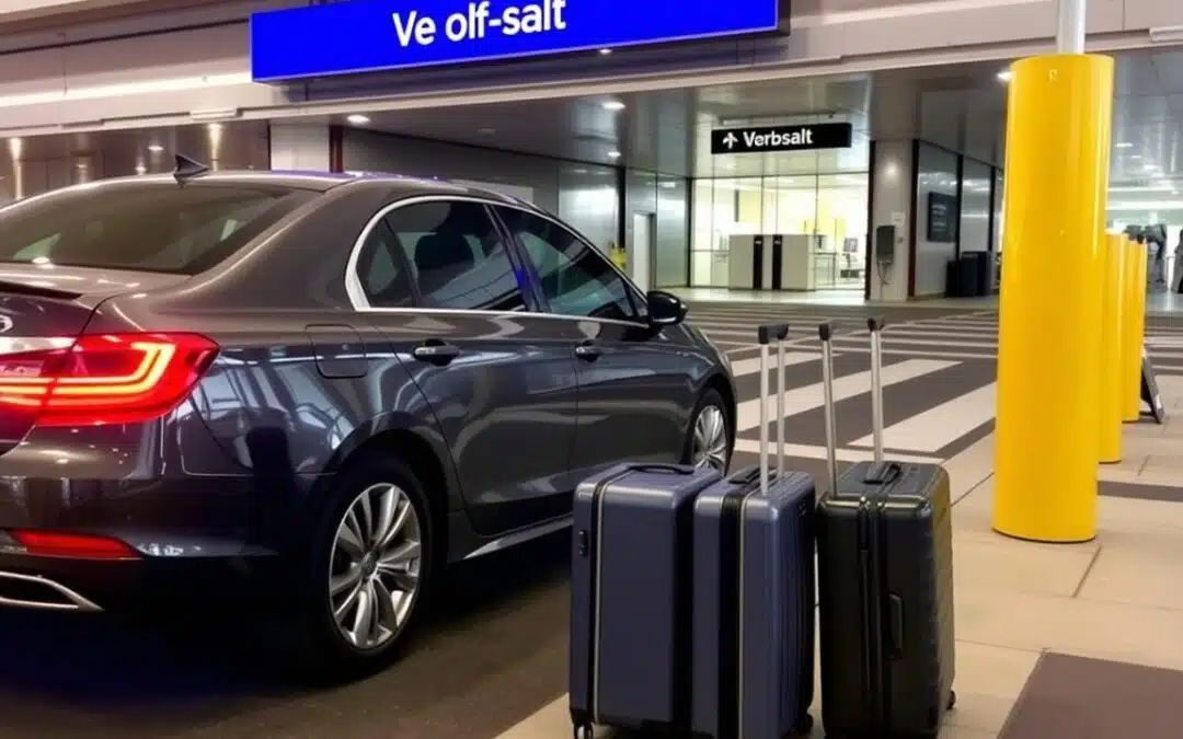 A parked black sedan near three upright suitcases at an airport terminal entrance with a blue sign above reading Ve olf-salt. The terminal building is modern with glass walls and a yellow pillar.