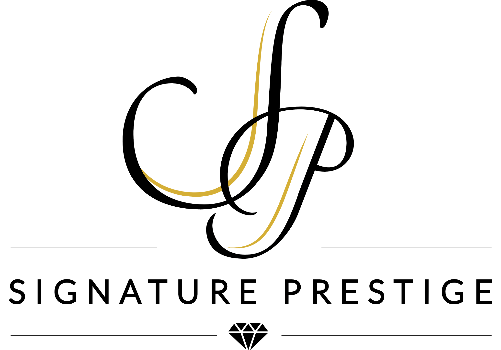 Logotipo con elegantes letras doradas y negras superpuestas S y P sobre el texto SIGNATURA PRESTIGE en mayúsculas, separados por líneas finas, y un pequeño icono de diamante debajo del texto.