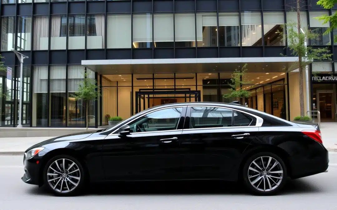 A sleek black sedan is parked on a city street in front of a modern glass building with large windows and minimalistic design elements.