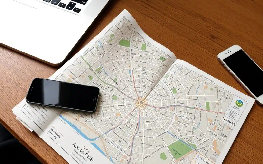 A map is open on a wooden desk with a smartphone resting on it. A laptop and another smartphone are also on the desk. The map appears to depict a city layout with streets radiating outward.