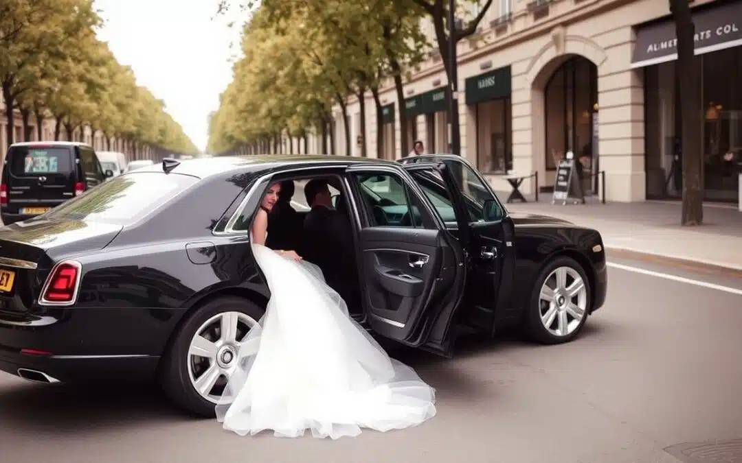 A bride in a white wedding dress steps out of a black luxury car from a premier Wedding Limo Service Paris, parked on a city street lined with trees and upscale shops.