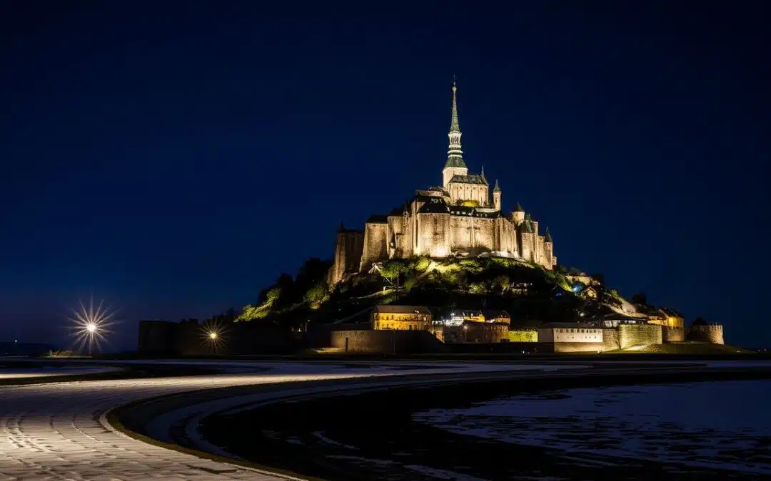 An illuminated medieval abbey stands atop a rocky island at night, surrounded by water and a winding pathway. The sky is dark blue and two bright lights shine in the distance.