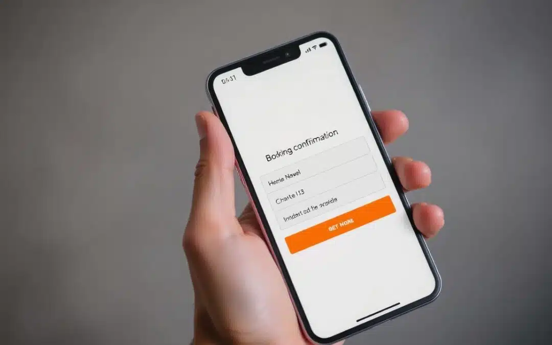 A person holds a smartphone displaying a booking confirmation screen with fields for hotel name and details, and an orange Get Hotel button. The background is blurred and gray.