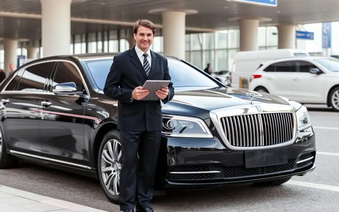 A chauffeur in a suit stands smiling with a tablet in front of a luxury black sedan outside an airport terminal, with an Airport sign visible above.