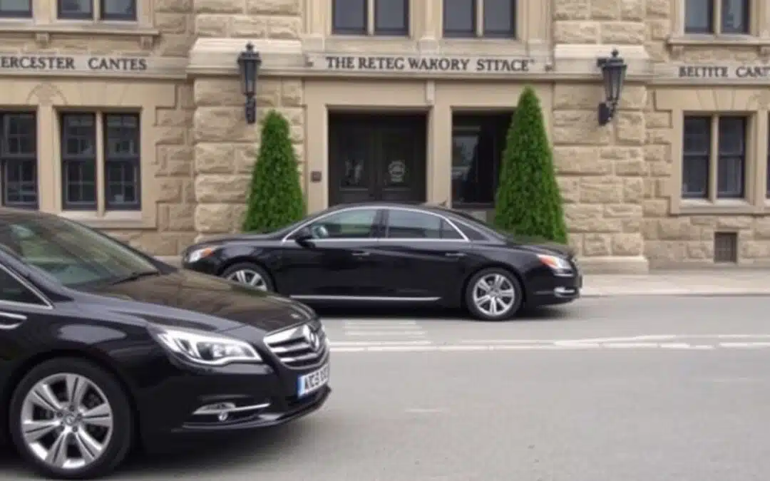 Two black cars are parked on a street in front of a large stone building with arched windows and two tall shrubs by the entrance. The buildings sign reads THE RETEG WATORY STITACE.