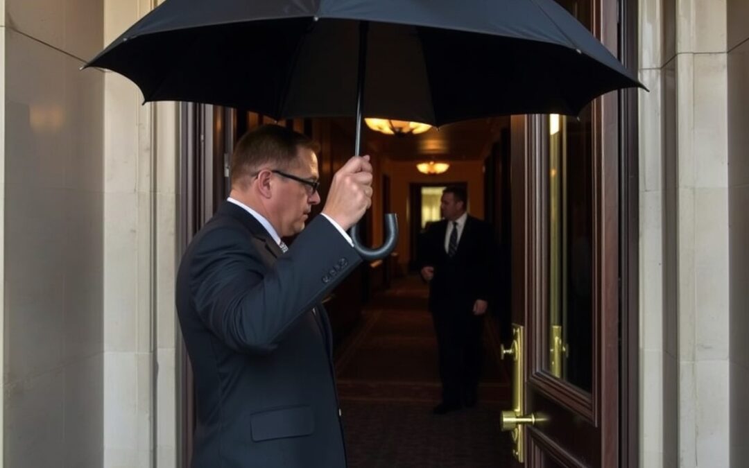 Um homem de fato está junto a uma porta aberta, segurando um guarda-chuva preto acima da cabeça, enquanto outro homem de fato caminha em direção à entrada por um corredor dentro do edifício.
