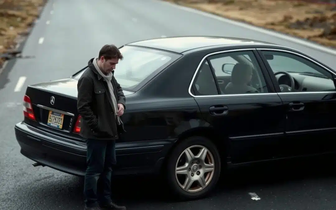 A man stands next to a black sedan with a flat rear tire on the side of an empty road, looking down with a concerned expression. The surroundings are overcast and desolate.