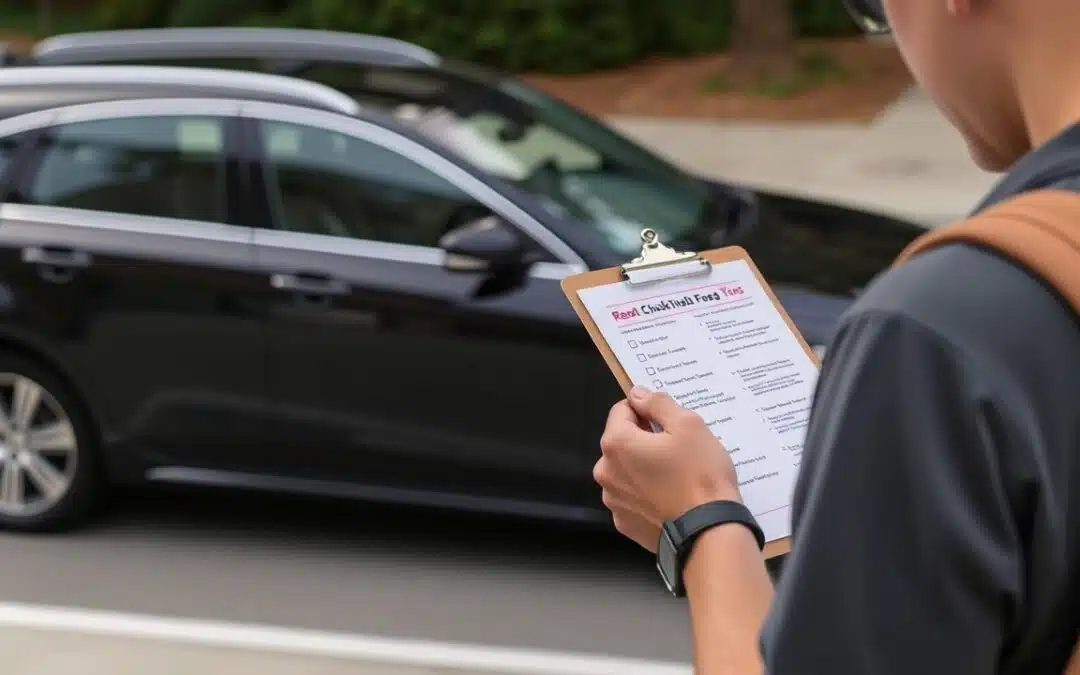 A person holding a clipboard with a checklist stands near a parked black car on a street, appearing to evaluate the vehicle as part of an inspection or test.