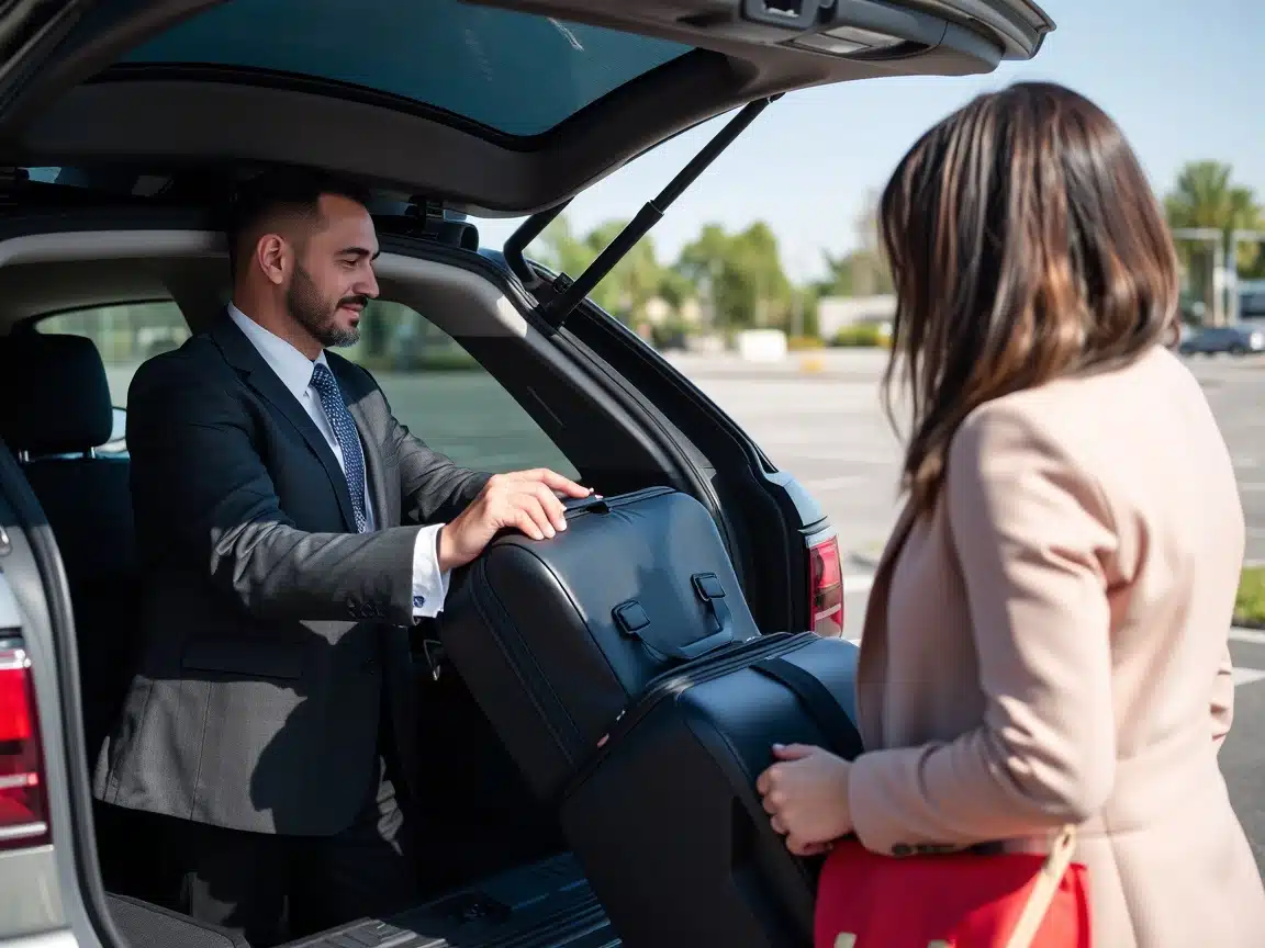 A chauffeur in a suit loading luggage into the car for a Paris airport transfer