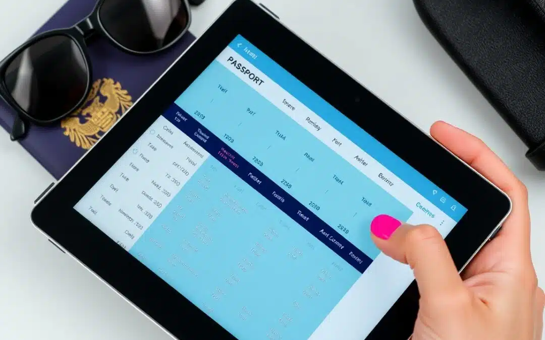 A person with pink nail polish uses a tablet displaying flight information. Nearby are a pair of black sunglasses and a navy blue passport with a gold emblem, all placed on a white surface.