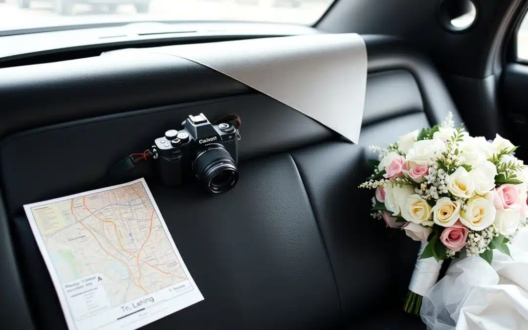 A camera, a city map, and a bouquet of white and pink flowers rest on the back seat of a car.