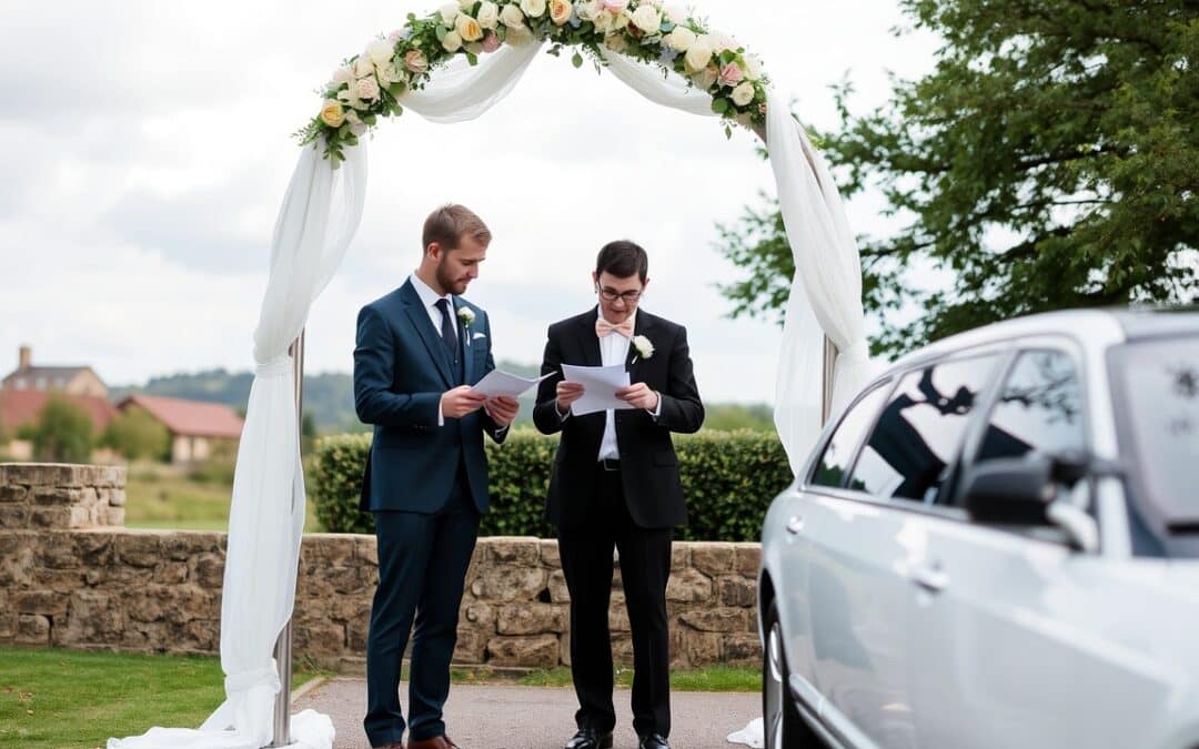 Two men in suits stand under a flower-decorated wedding arch, reading papers. One wears a blue suit, the other a black suit with a bowtie. A white car is parked nearby, and trees and stone walls are in the background.