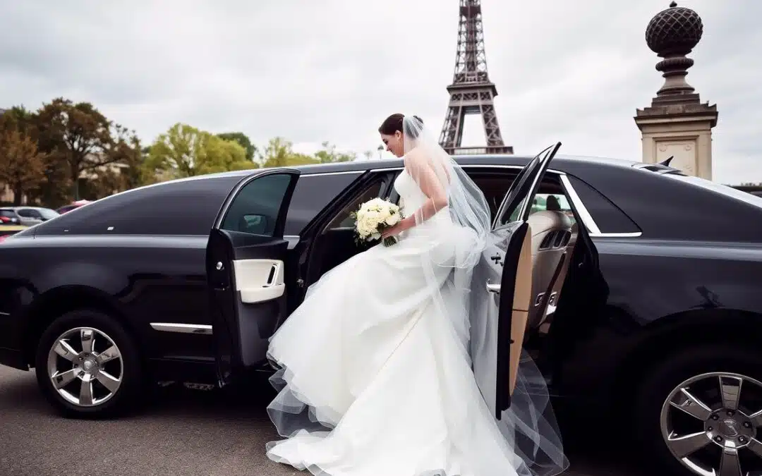 A bride in a white wedding dress and veil steps out of a black car, holding a bouquet, with the Eiffel Tower visible in the background on a cloudy day.