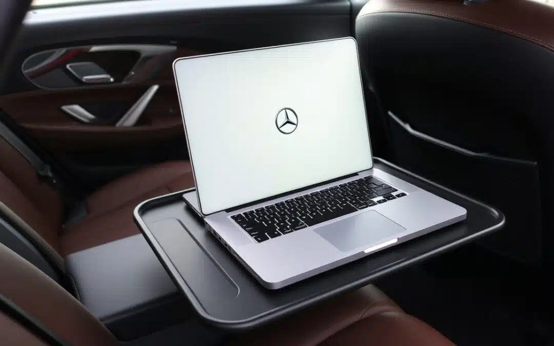 A silver laptop with a Mercedes-Benz logo on the screen rests on a fold-out tray in the back seat of a luxury car with brown leather interior.