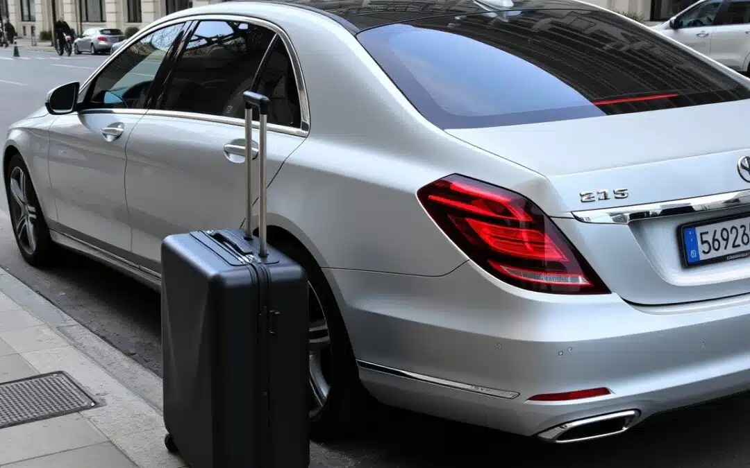 Eine silberne Luxuslimousine steht auf einer Stadtstraße, mit einem schwarzen Hartkoffer, der neben der hinteren Tür steht, was auf Reisen oder eine Flughafenabholung hindeutet.