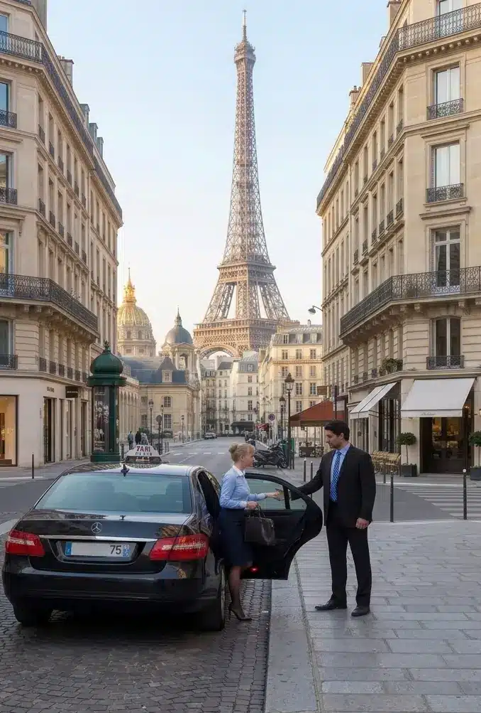 A man in a suit holds the door open for a woman exiting a black taxi on a Paris street, with the Eiffel Tower visible in the background between classic buildings.