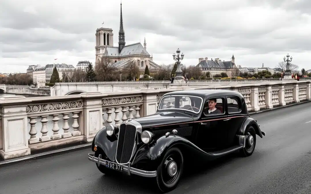 A classic black vintage car drives across a bridge in Paris, with Notre-Dame Cathedral and historic buildings in the background under a cloudy sky.